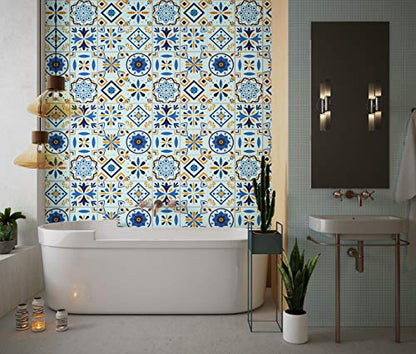Planche de 9 Adhésif Carrelage - décoration de carreaux - 18 pièces plastifié en mat - mosaïque nuances de bleu et jaune- format 20x20cm par pièce