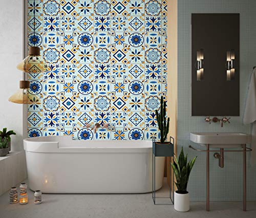 Planche de 9 Adhésif Carrelage - décoration de carreaux - 18 pièces plastifié en mat - mosaïque nuances de bleu et jaune - format 25x25cm par pièce