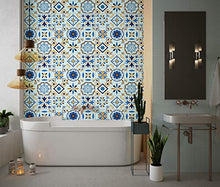 Planche de 9 Adhésif Carrelage - décoration de carreaux - 9 pièces plastifié en mat - mosaïque nuances de bleu et jaune - format 30x30cm par pièce