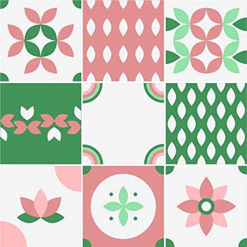 Planche de 9 Adhésif Carrelage - décoration de carreaux - 45 pièces plastifié en mat - mosaïque rose et vert - format 20x20cm par pièce