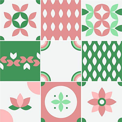 Planche de 9 Adhésif Carrelage - décoration de carreaux - 54 pièces plastifié en mat - mosaïque rose et vert - format 30x30cm par pièce