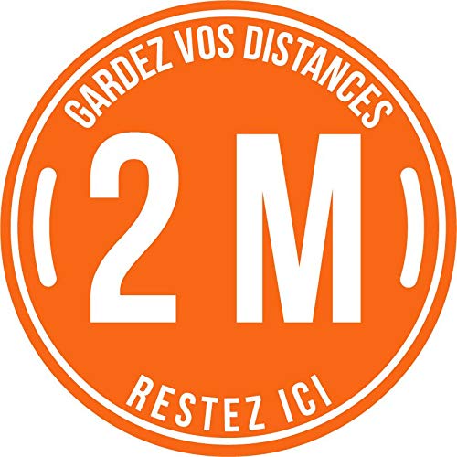 Lot de 5 Autocollant stickers signalétique stop covid sol antidérapant - gardez vos distances 2m - format 20x20cm couleur orange