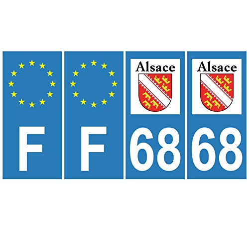 Supstick 4 Stickers Autocollants Plaques Immatriculation Auto Dept 68 Alsace Blason Bleu Clair Angles Carrés