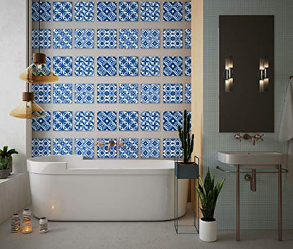 Planche de 6 Adhésif Carrelage - décoration de carreaux - 48 pièces plastifié en mat - mosaïque nuances de fleurs bleu - format 20x20cm par pièce