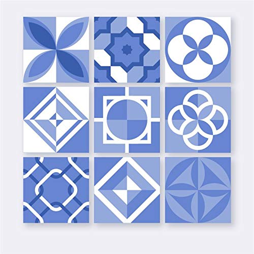 Planche de 9 Adhésif Carrelage - décoration de carreaux - 27 pièces plastifié en mat - mosaïque nuances de bleu et blanc - format 10x10cm par pièce