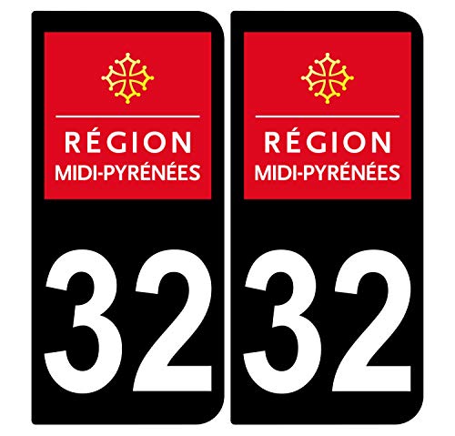 Supstick 2 Stickers Autocollants Plaques Immatriculation Auto Dept 32 Midi Pyrénées Noir Angles Carrés