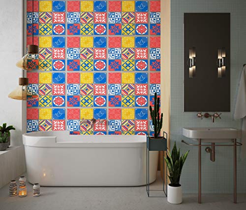 Planche de 9 Adhésif Carrelage - décoration de carreaux - 27 pièces plastifié en mat - mosaïque bleu rose et jaune - format 20x20cm par pièce