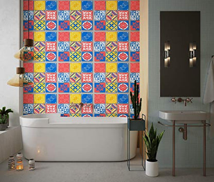 Planche de 9 Adhésif Carrelage - décoration de carreaux - 9 pièces plastifié en mat - mosaïque bleu rose et jaune - format 15x15cm par pièce