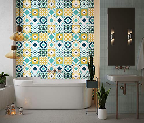 Planche de 9 Adhésif Carrelage - décoration de carreaux - 18 pièces plastifié en mat - mosaïque nuances de turquoise - format 10x10cm par pièce