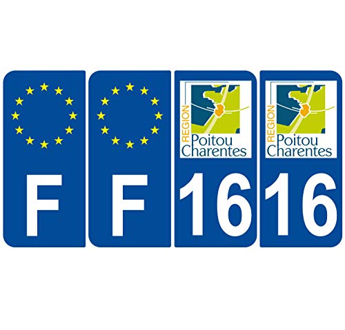 Supstick 4 Stickers Autocollants Plaques Immatriculation Auto Dept 16 Poitou Charentes Bleu Foncé Angles Arrondis