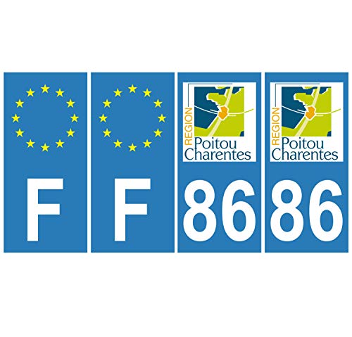 Supstick 4 Stickers Autocollants Plaques Immatriculation Auto Dept 86 Poitou Charentes Bleu Clair Angles Carrés
