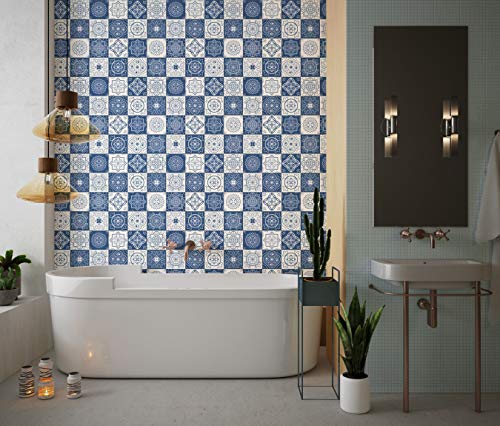 Planche de 16 Adhésif Carrelage - décoration de carreaux - 48 pièces plastifié en mat - mosaïque moderne bleu - format 15x15cm par pièce