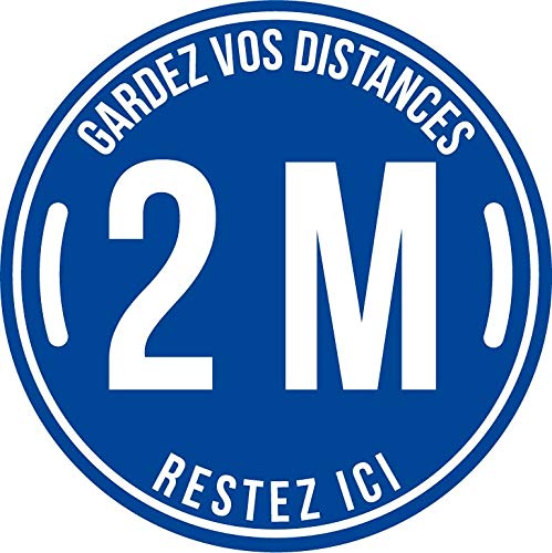 Lot de 5 Autocollant stickers signalétique stop covid sol antidérapant - gardez vos distances 2m - format 20x20cm couleur bleu marine