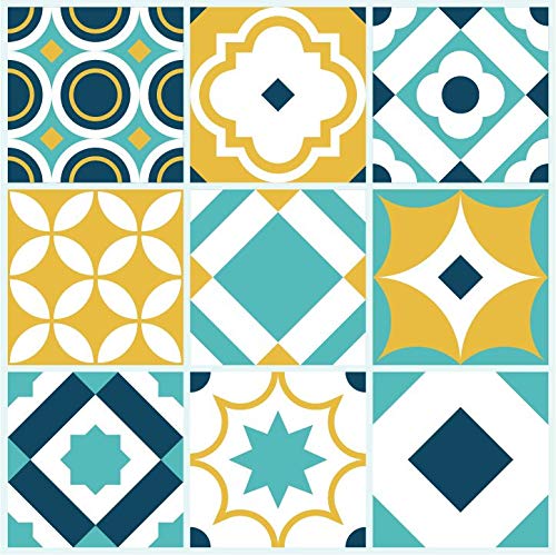 Planche de 9 Adhésif Carrelage - décoration de carreaux - 45 pièces plastifié en mat - mosaïque nuances de turquoise - format 30x30cm par pièce