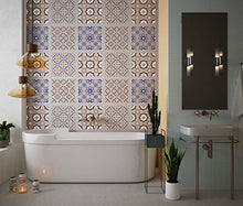 Planche de 4 Adhésif Carrelage - décoration de carreaux - 56 pièces plastifié en mat - mosaïque nuances de fleurs bleu et jaune - format 20x20cm par pièce