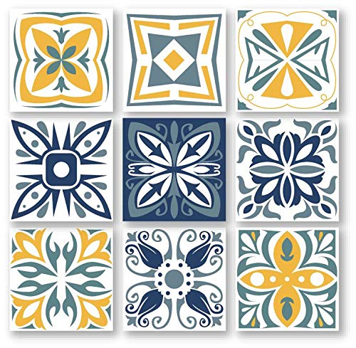 Planche de 9 Adhésif Carrelage - décoration de carreaux - 36 pièces plastifié en mat - mosaïque nuances de jaune et blanc - format 20x20cm par pièce