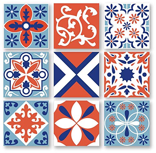 Planche de 9 Adhésif Carrelage - décoration de carreaux - 63 pièces plastifié en mat - mosaïque nuances de bleu et orange - format 20x20cm par pièce