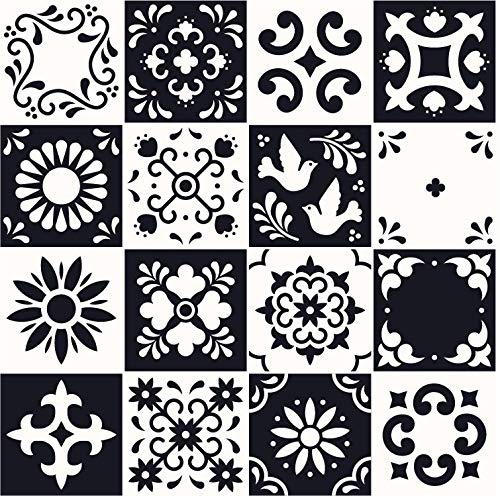 Planche de 16 Adhésif Carrelage - décoration de carreaux - 32 pièces plastifié en mat - mosaïque noir et blanc - format 20x20cm par pièce