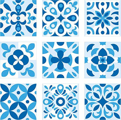 Planche de 9 Adhésif Carrelage - décoration de carreaux - 18 pièces plastifié en mat - mosaïque nuances de bleu - format 20x20cm par pièce