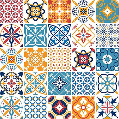 Planche de 25 Adhésif Carrelage - décoration de carreaux - 50 pièces plastifié en mat - mosaïque nuances de bleu jaune - format 15x15cm par pièce