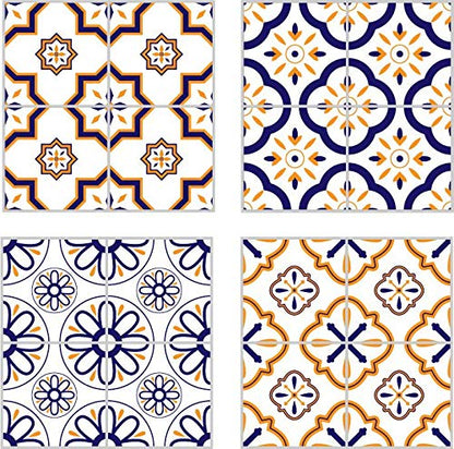 Planche de 4 Adhésif Carrelage - décoration de carreaux - 52 pièces plastifié en mat - mosaïque nuances de fleurs bleu et jaune - format 20x20cm par pièce