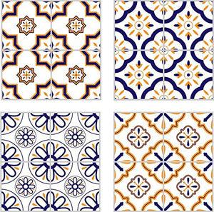 Planche de 4 Adhésif Carrelage - décoration de carreaux - 36 pièces plastifié en mat - mosaïque nuances de fleurs bleu et jaune - format 15x15cm par pièce