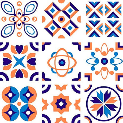 Planche de 9 Adhésif Carrelage - décoration de carreaux - 63 pièces plastifié en mat - mosaïque nuances de orange et blanc - format 20x20cm par pièce
