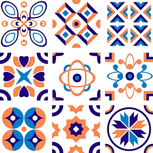 Planche de 9 Adhésif Carrelage - décoration de carreaux - 36 pièces plastifié en mat - mosaïque nuances de orange et blanc - format 10x10cm par pièce