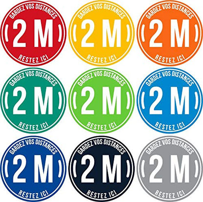 Lot de 9 Autocollant stickers signalétique stop covid sol antidérapant - gardez vos distances 2m - format 20x20cm - 9 couleurs