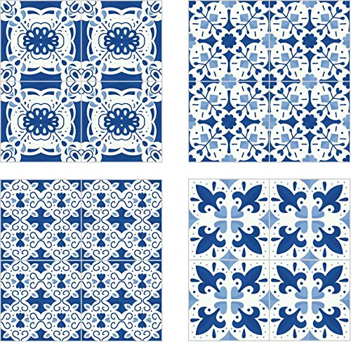 Planche de 4 Adhésif Carrelage - décoration de carreaux - 32 pièces plastifié en mat - mosaïque style porcelaine bleu - format 10x10cm par pièce