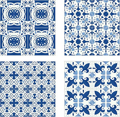 Planche de 4 Adhésif Carrelage - décoration de carreaux - 64 pièces plastifié en mat - mosaïque style porcelaine bleu - format 30x30cm par pièce