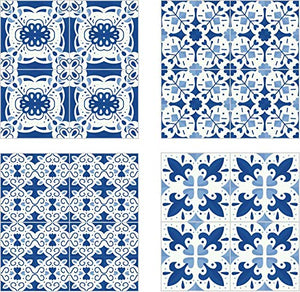 Planche de 4 Adhésif Carrelage - décoration de carreaux - 36 pièces plastifié en mat - mosaïque style porcelaine bleu - format 25x25cm par pièce