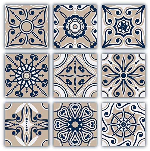 Planche de 9 Adhésif Carrelage - décoration de carreaux - 63 pièces plastifié en mat - mosaïque nuances de beige - format 10x10cm par pièce