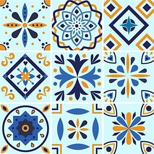 Planche de 9 Adhésif Carrelage - décoration de carreaux - 36 pièces plastifié en mat - mosaïque nuances de bleu et jaune - format 10x10cm par pièce