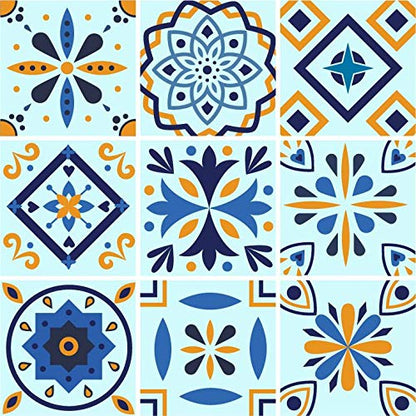 Planche de 9 Adhésif Carrelage - décoration de carreaux - 54 pièces plastifié en mat - mosaïque nuances de bleu et jaune - format 10x10cm par pièce